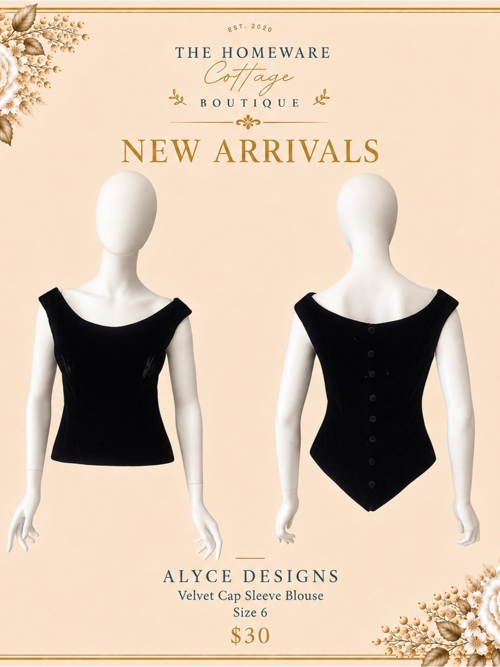 Alyce Designs Black Velvet Cap Sleeve Blouse